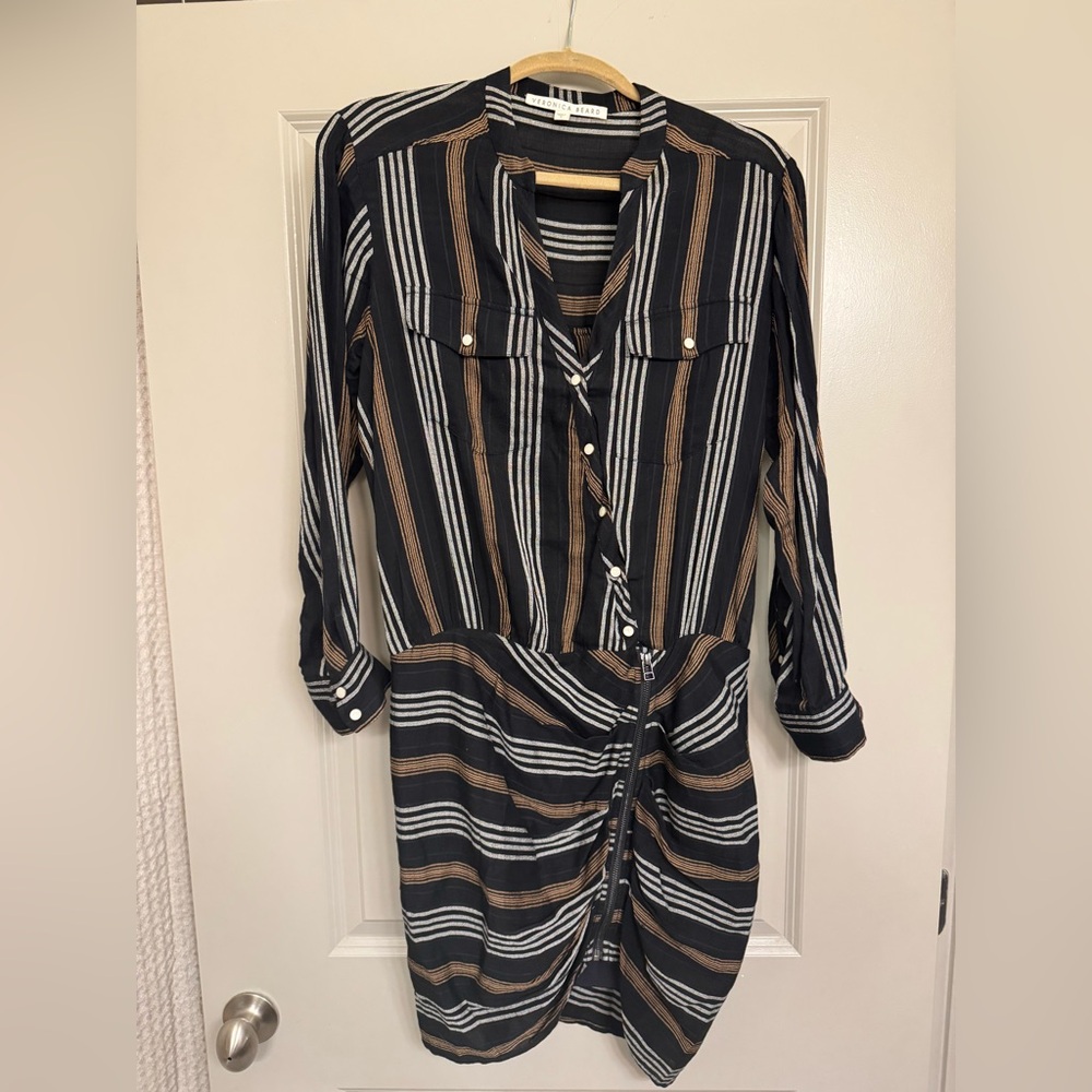 Veronica Beard Navy Blue, White and Brown Striped Long Sleeve Dress